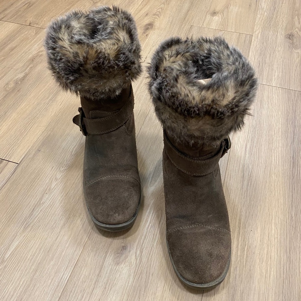 Cougar Boots Women 8M Brown Leather Franca Suede Faux Fur Trim Ankle Lug Sole